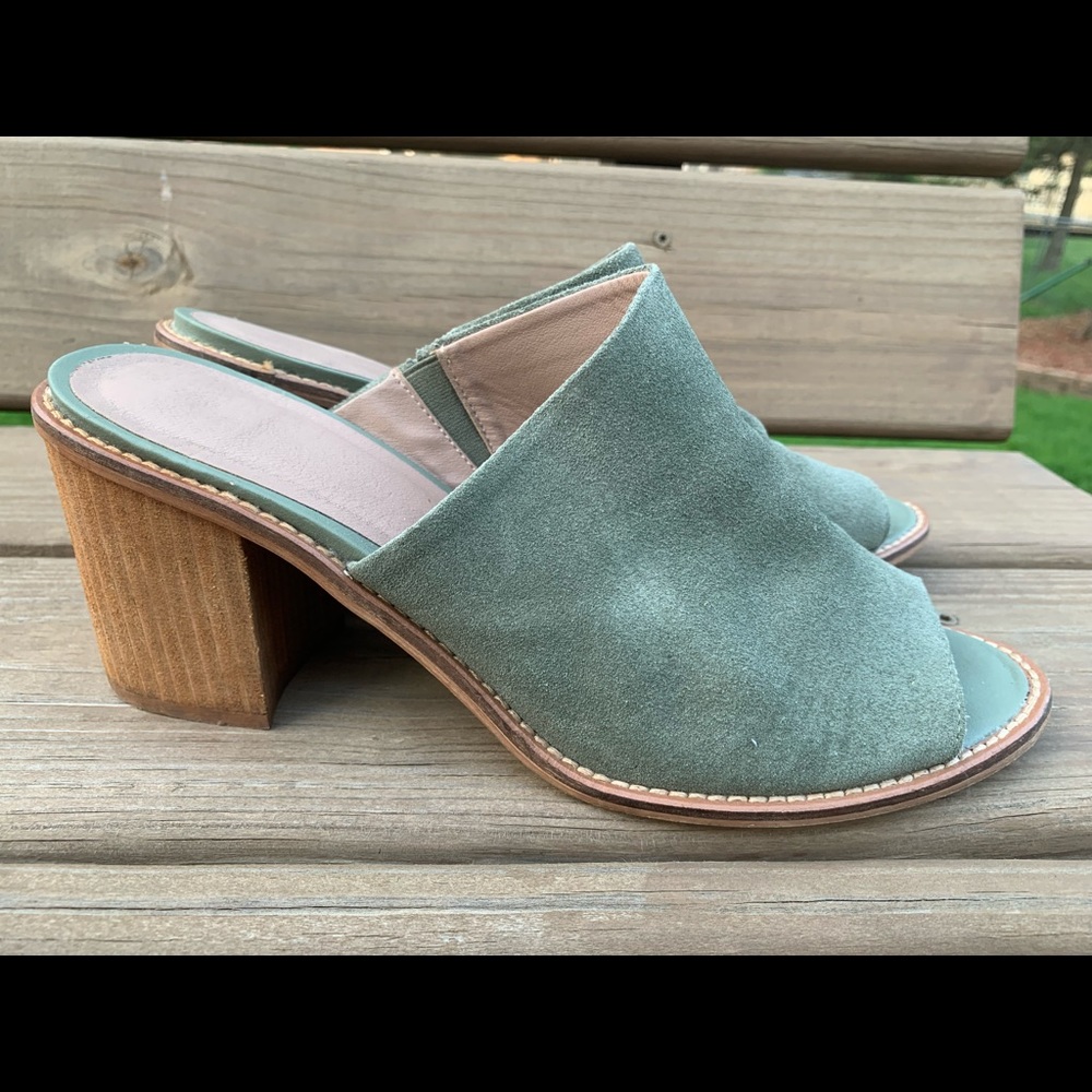 Lucky Brand Green Suede Block Heel Mules